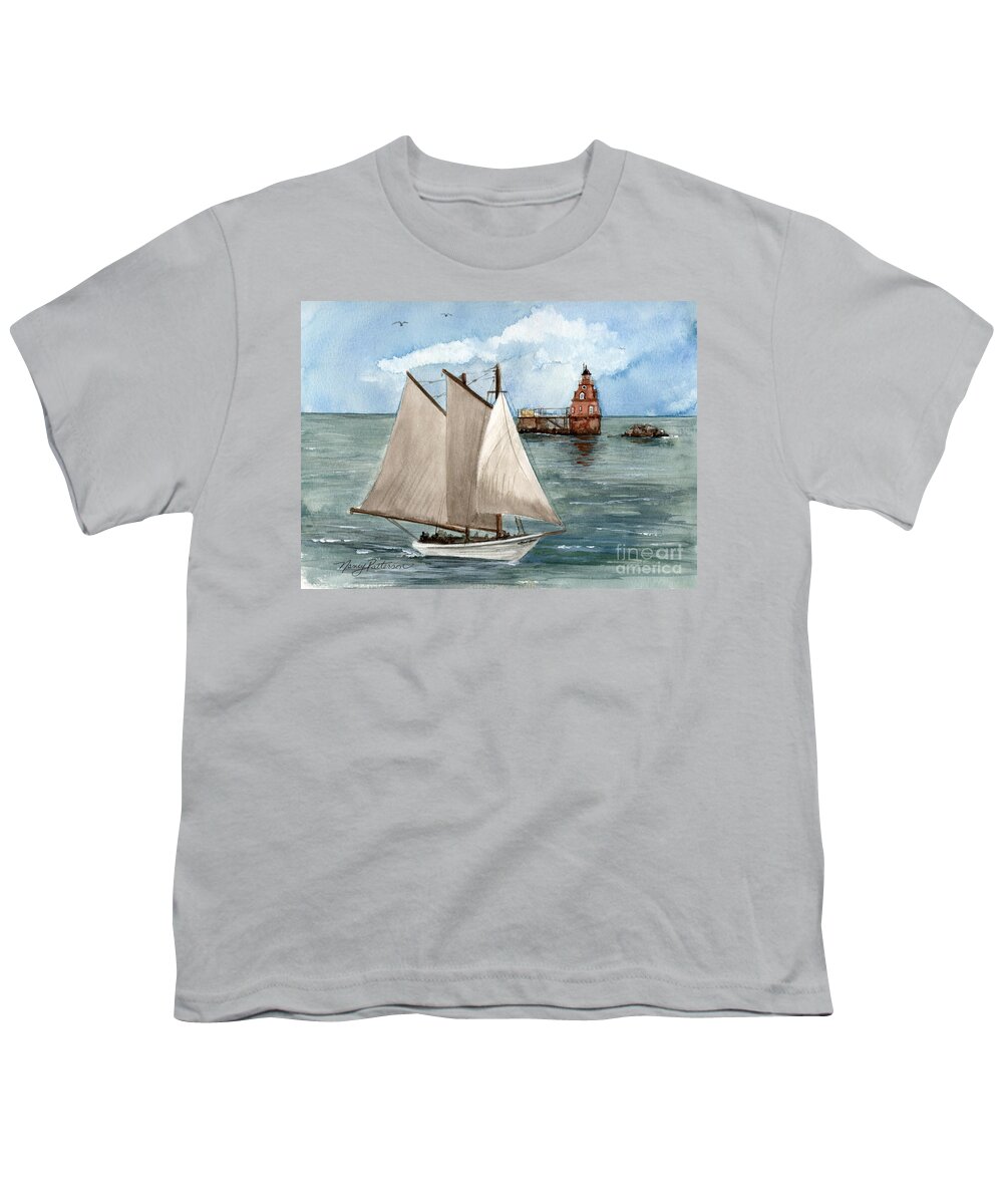 Ship John Shoal Lighthouse Youth T-Shirt featuring the painting Safely Past the Shoal by Nancy Patterson