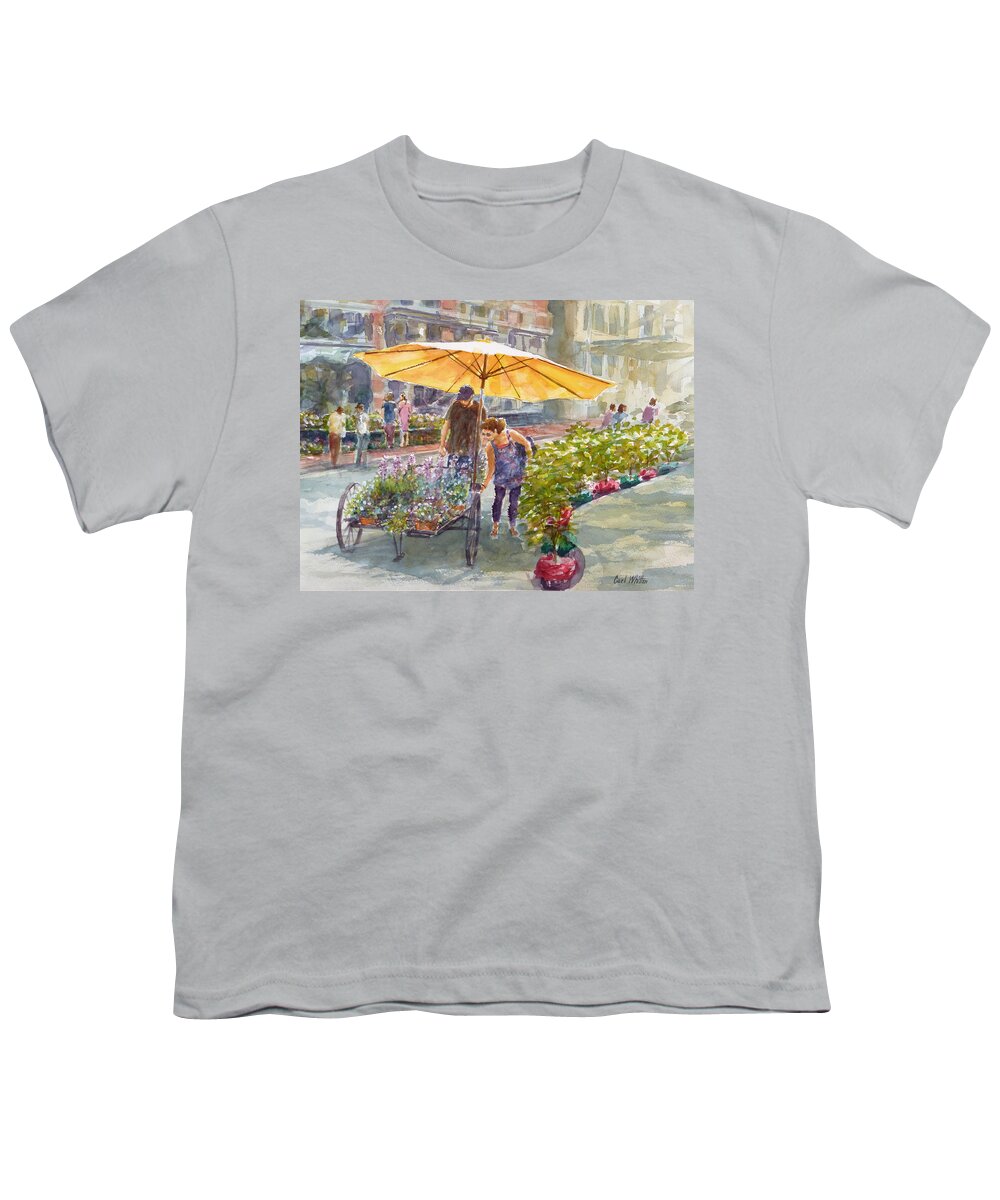 Flower Shopping Youth T-Shirt featuring the painting The Yellow Umbrella by Carl Whitten