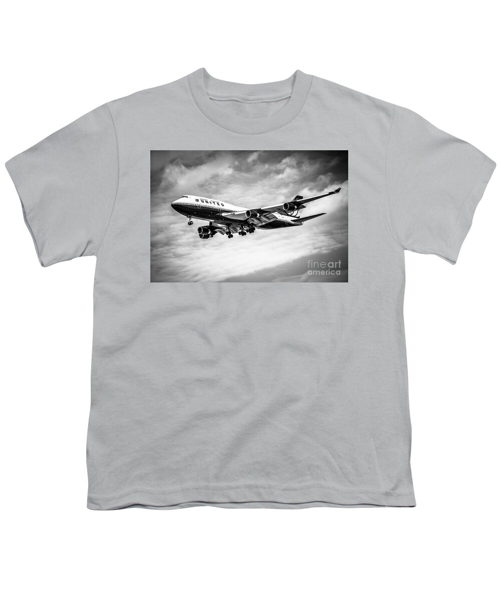 747 Youth T-Shirt featuring the photograph United Airlines Airplane in Black and White by Paul Velgos