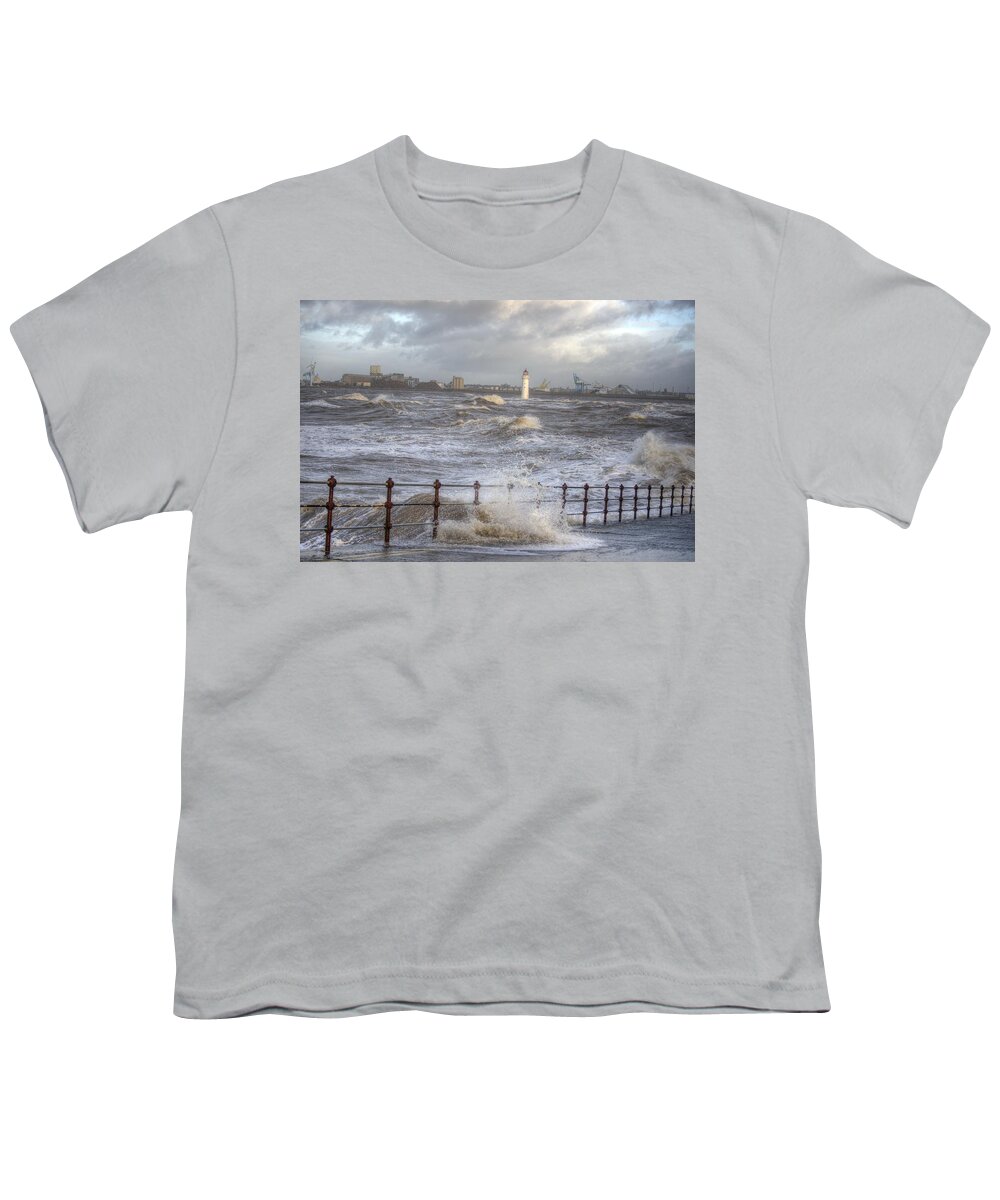 Lighthouse Youth T-Shirt featuring the photograph Waves On The Slipway by Spikey Mouse Photography
