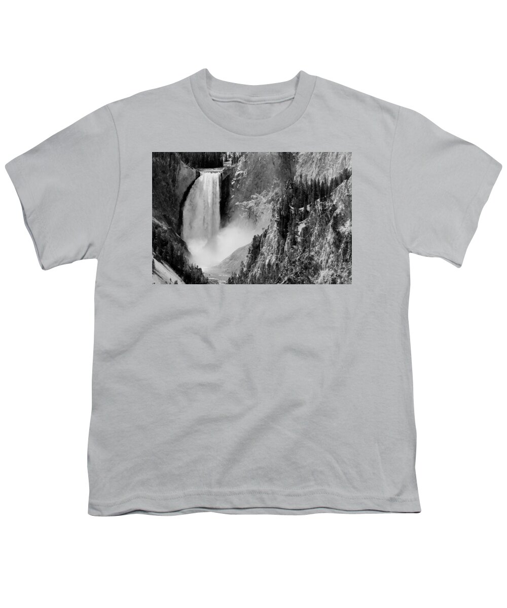 Yellowstone Youth T-Shirt featuring the photograph Yellowstone Waterfalls in Black and White #1 by Sebastian Musial