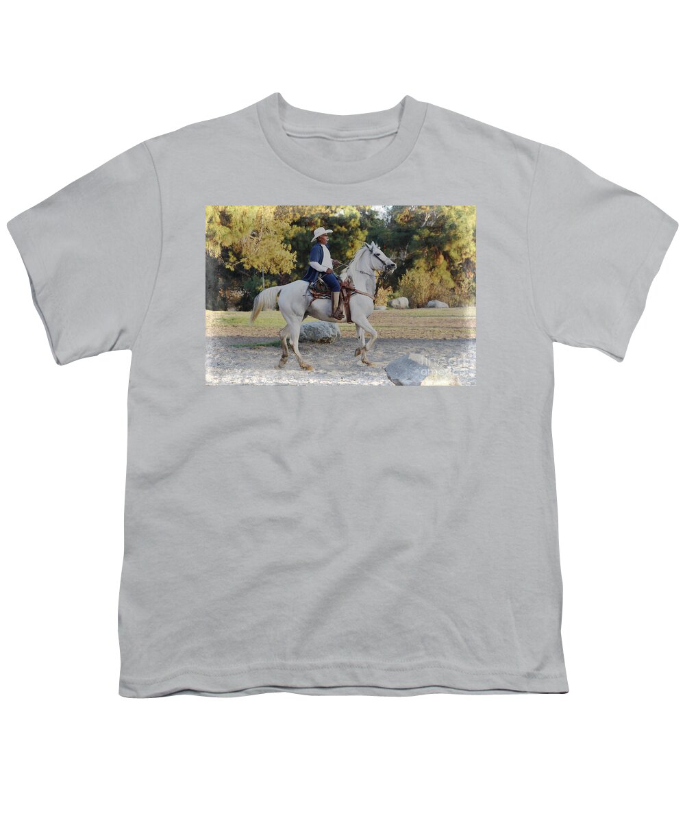 Horse Youth T-Shirt featuring the digital art Cowboy on his white horse by Nina Prommer