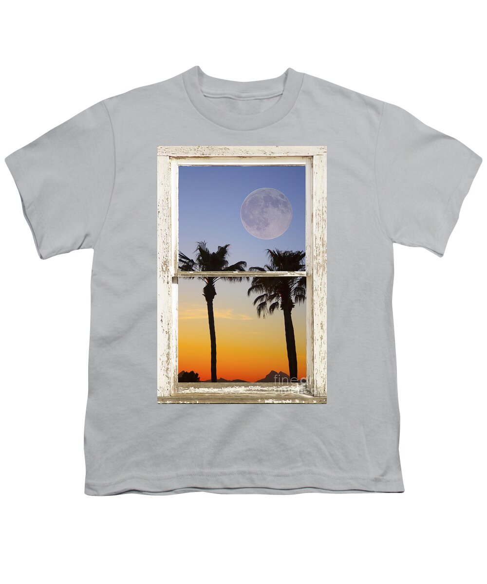 Windows Youth T-Shirt featuring the photograph Full Moon Palm Tree Picture Window Sunset by James BO Insogna