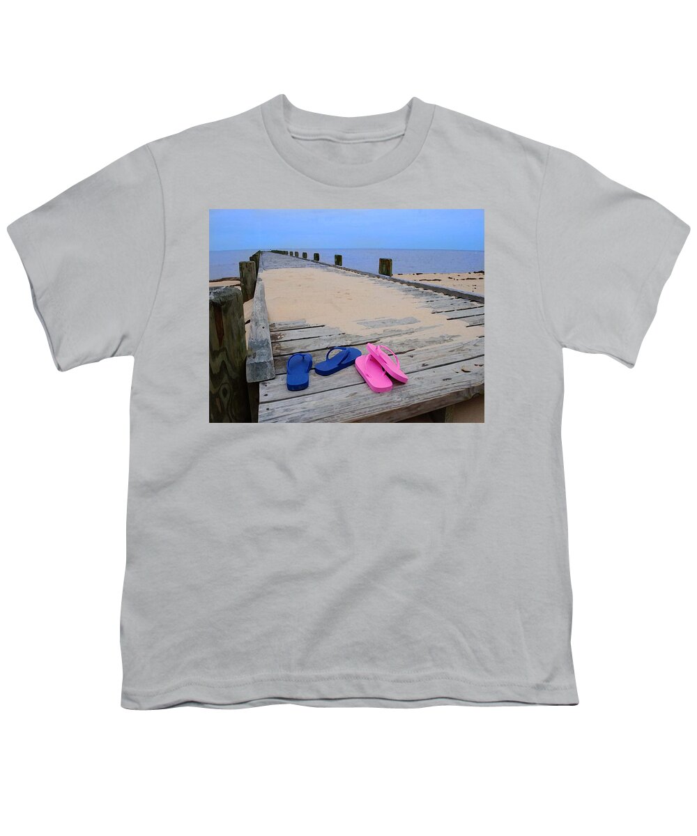 Alabama Photographer Youth T-Shirt featuring the digital art Pink and Blue Flip Flops on the dock by Michael Thomas