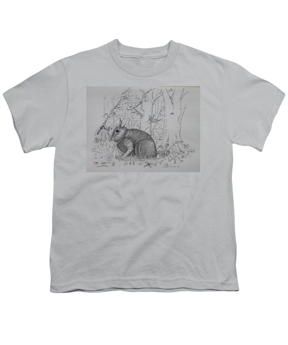 Nature Youth T-Shirt featuring the drawing Rabbit In Woodland by Daniel Reed