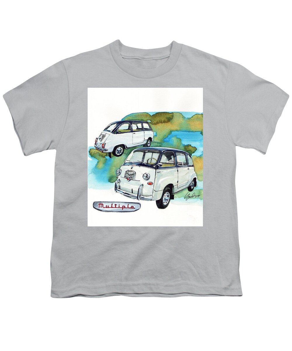The First Multi Purpose Vehicle Youth T-Shirt featuring the painting Fiat 600 Multipla #1 by Yoshiharu Miyakawa