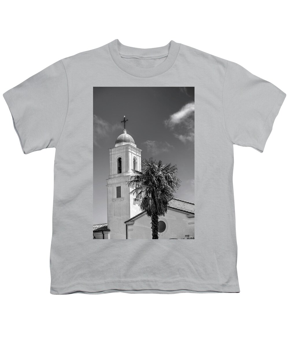 California; La Jolla; Church; Christian Cross; Bell Tower; Sea Gull; June; 2010s; 2017; Monochrome; B/w Photo; Black And White Photograph; Black And White Pictures; Bw Photo Youth T-Shirt featuring the photograph 201706090-199K Sea Gull on Cross 2x3 by Alan Tonnesen