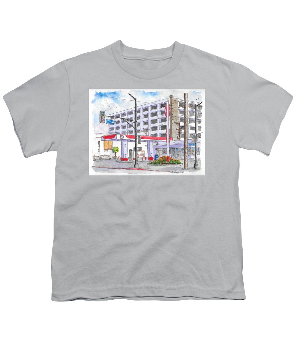 76 Gas Station Youth T-Shirt featuring the painting 76 Gas Station in 3rd Street and Robertson Blvd, Beverly Hills, California by Carlos G Groppa