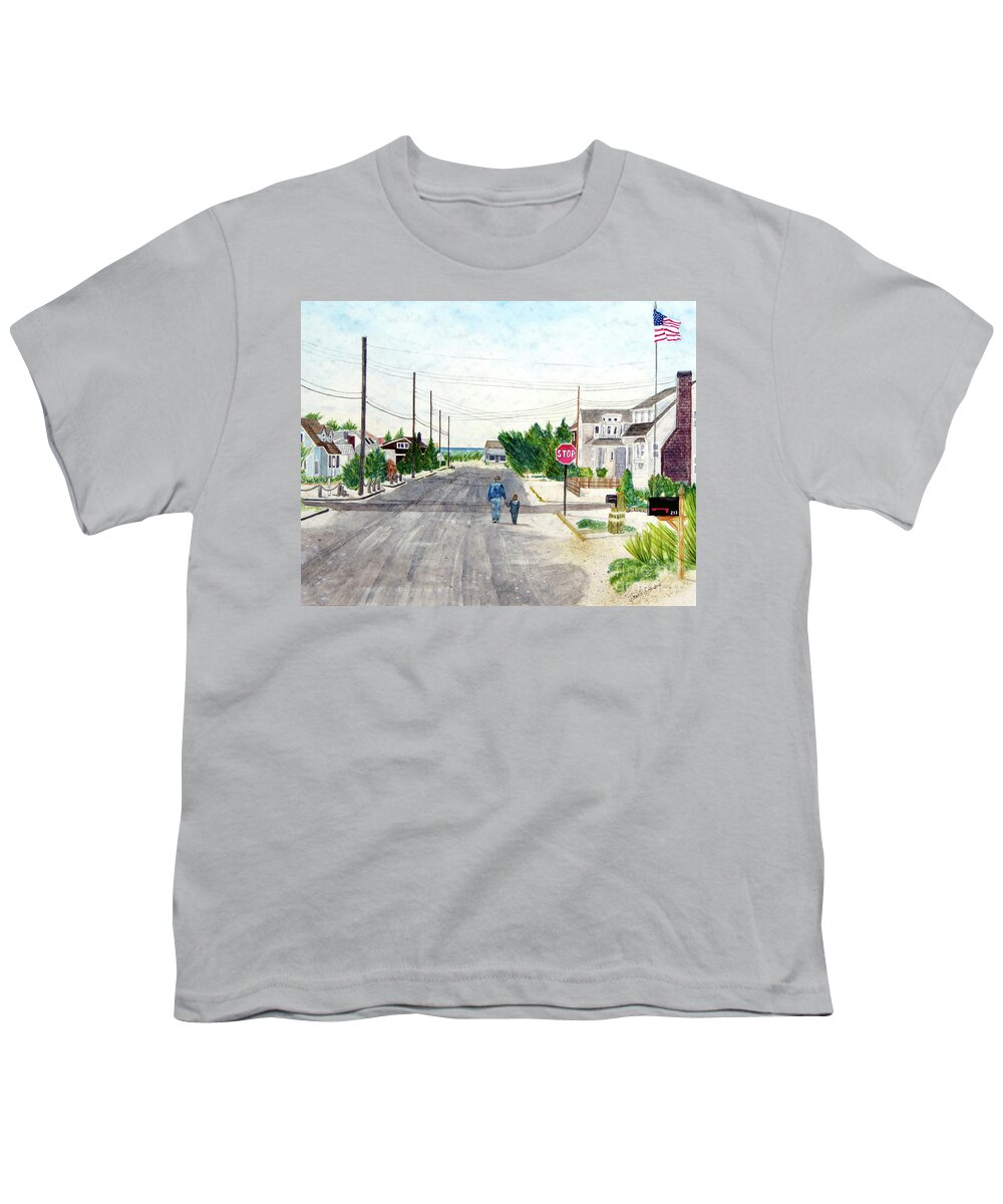 Long Beach Island Youth T-Shirt featuring the painting A Walk with Grandpop, Long Beach Island, New Jersey by Pamela Parsons