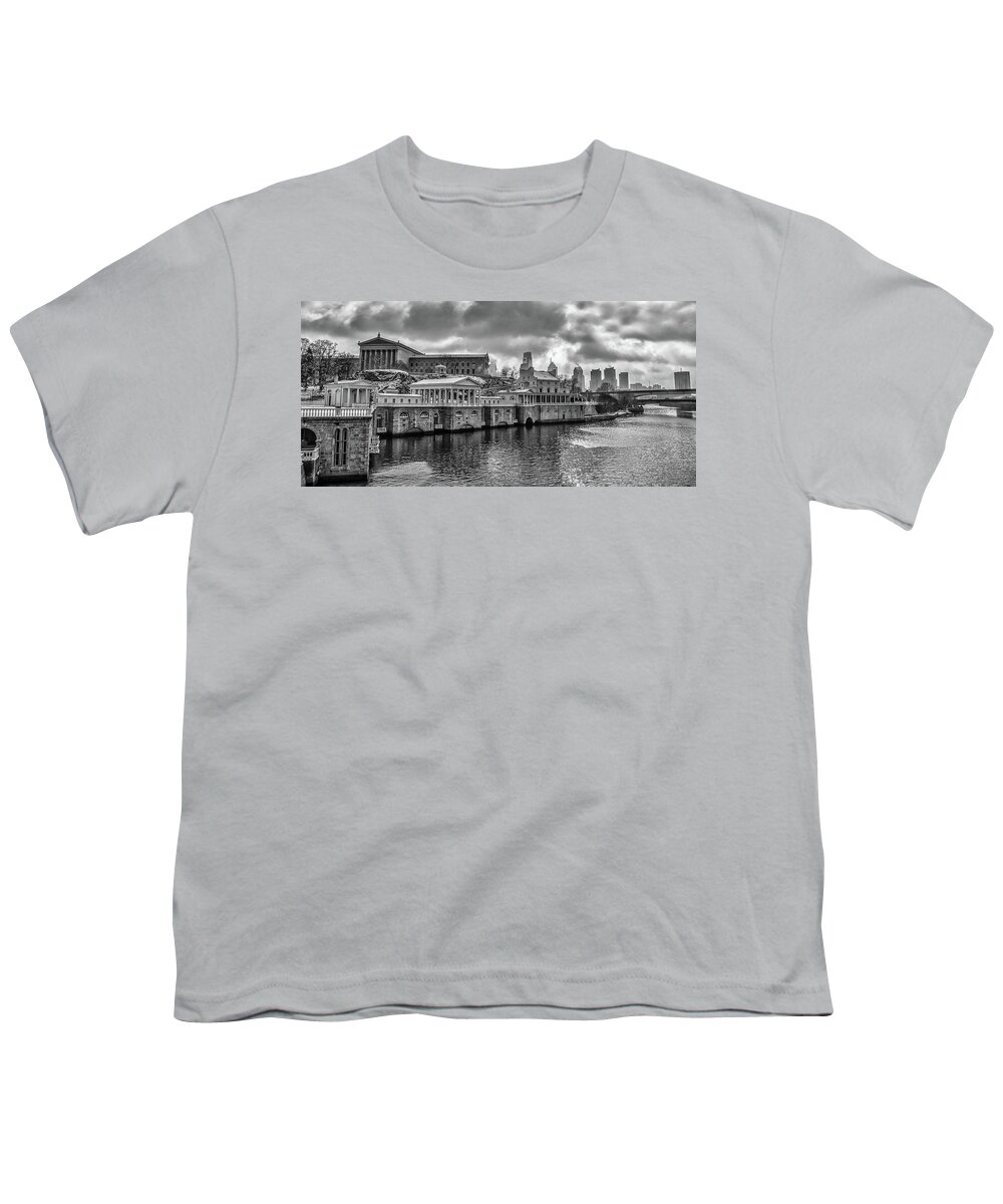 Winter Youth T-Shirt featuring the photograph Along the Schuylkill River - Fairmount Waterworks in Black and W by Bill Cannon