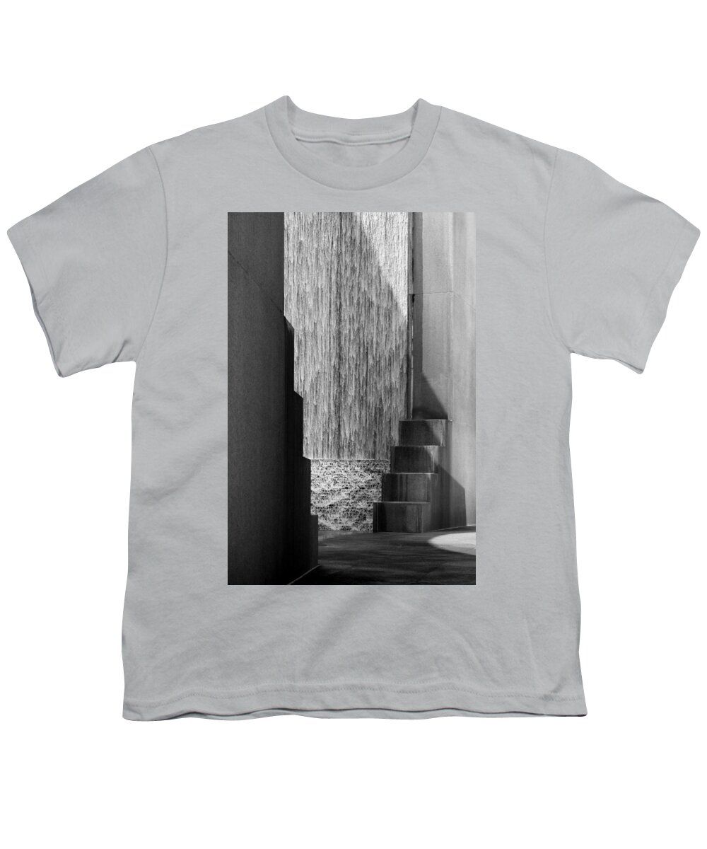 Houstonian Youth T-Shirt featuring the photograph Architectural Waterfall in Black and White by Angela Rath