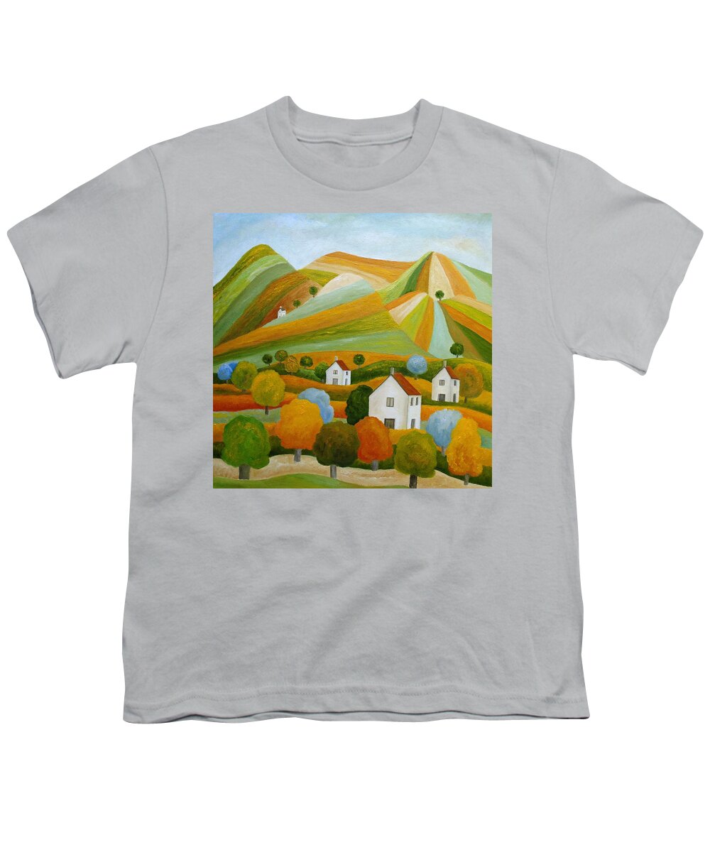 Village Youth T-Shirt featuring the painting Gaudy Scenery by Angeles M Pomata
