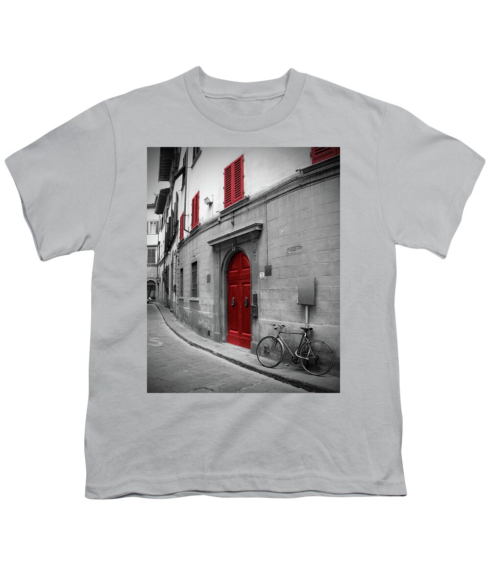Italy Youth T-Shirt featuring the photograph Bycicle by the Red Door by Lily Malor