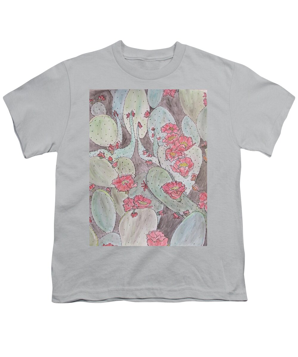 Abstract Cactus Blooming Desert Joy Dark Rose Lt. Rose Vermillion Carmine Pink Yellow All Greens Black Pen And Ink Youth T-Shirt featuring the mixed media Cactus Voices #2 by Sharyn Winters