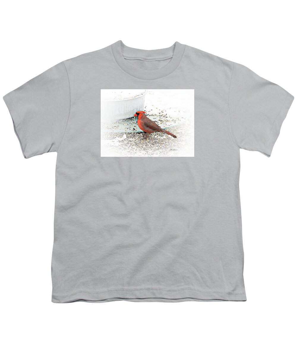 Red Northern Cardinal Youth T-Shirt featuring the photograph Cardinal in White by Yumi Johnson