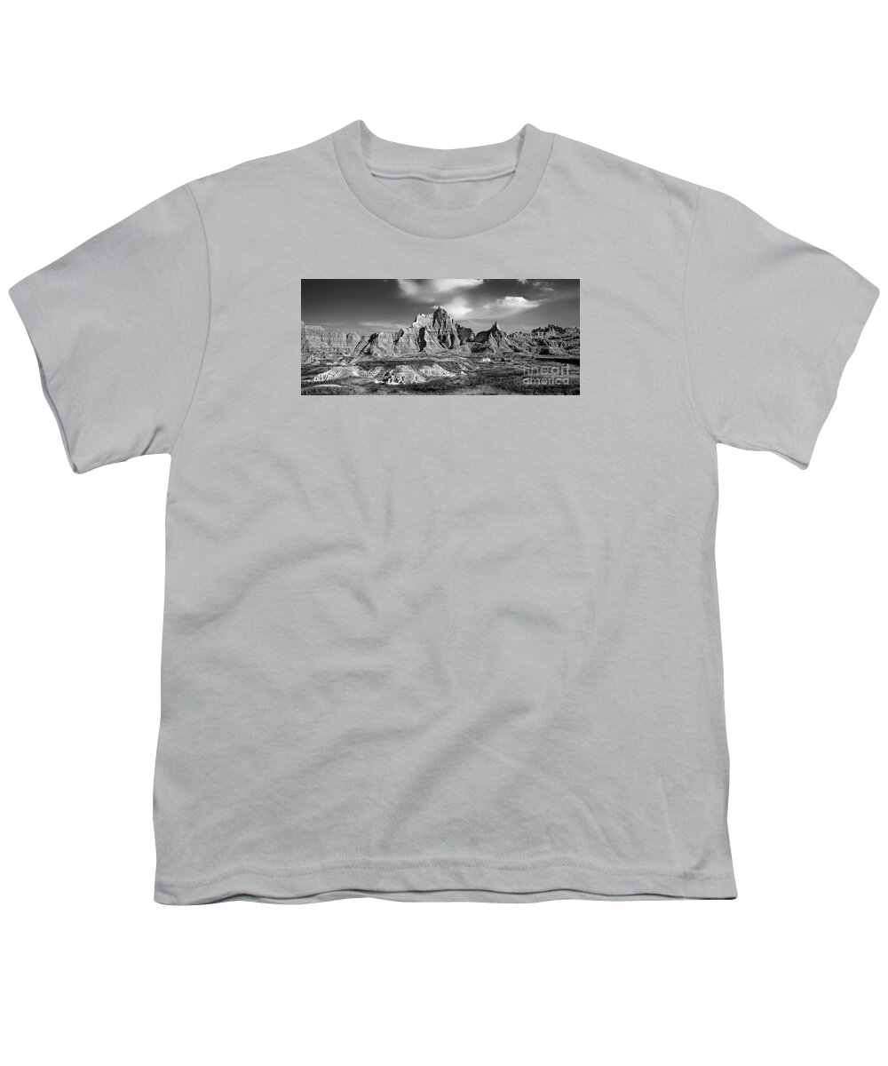 Badlands Youth T-Shirt featuring the photograph Cedar Pass, Badlands National Park bw by Jerry Fornarotto