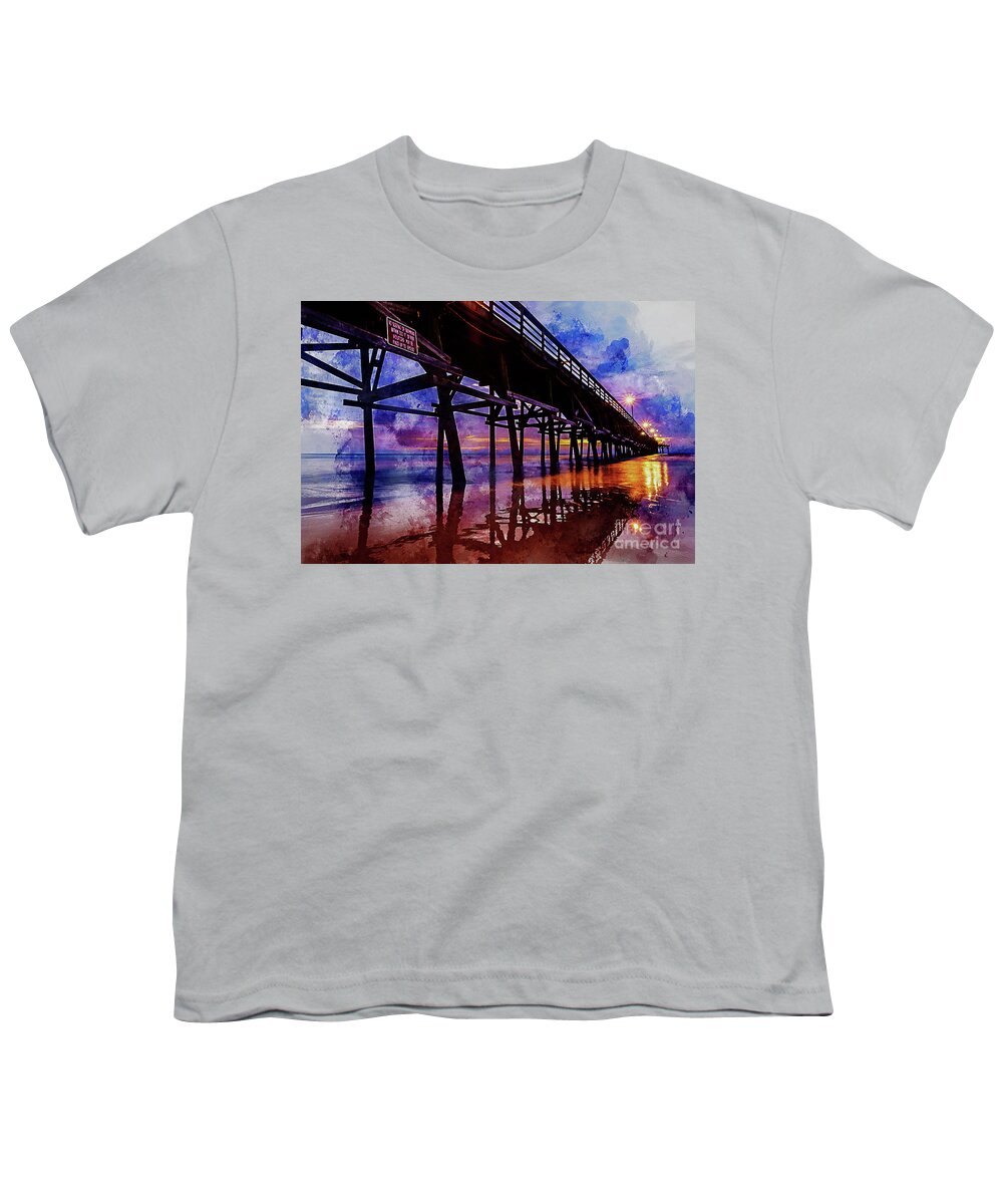 Cherry Grove Youth T-Shirt featuring the digital art Cherry Grove Pier Sunrise Watercolor by David Smith