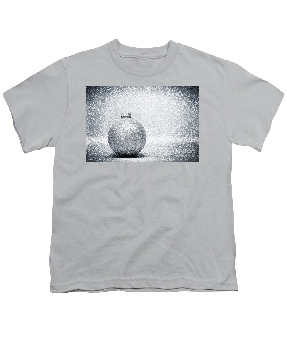 Christmas Youth T-Shirt featuring the photograph Christmas glass balls decoration on silver glitter background by Michal Bednarek