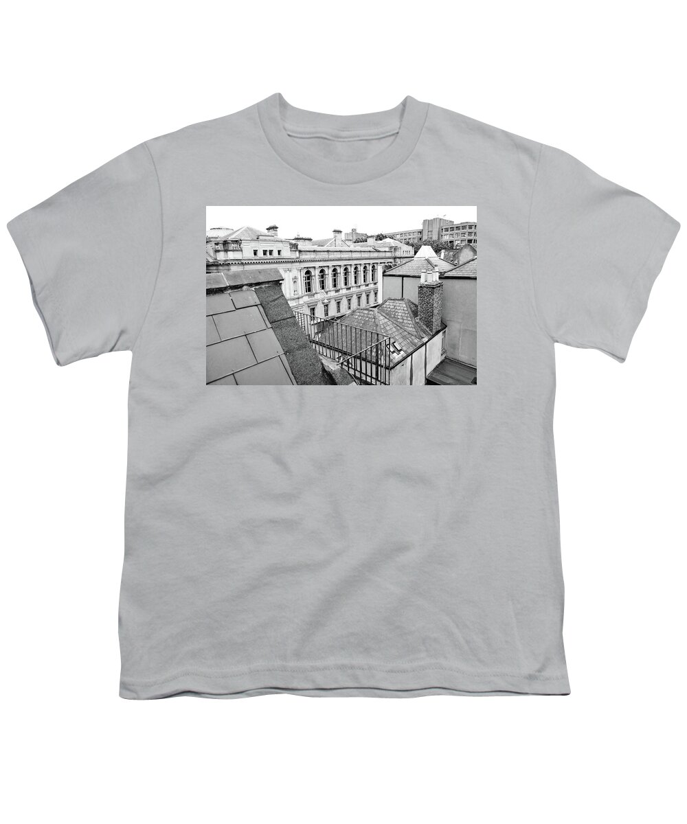Dublin Youth T-Shirt featuring the photograph Dublin Rooftops Overlooking National Museum of Ireland Dublin Ireland Black and White by Shawn O'Brien