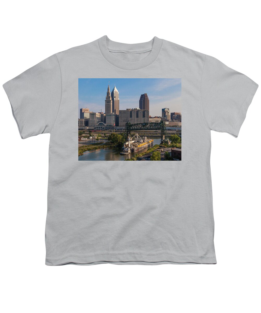 Barge Youth T-Shirt featuring the photograph Early Morning transport on the Cuyahoga River by Lon Dittrick
