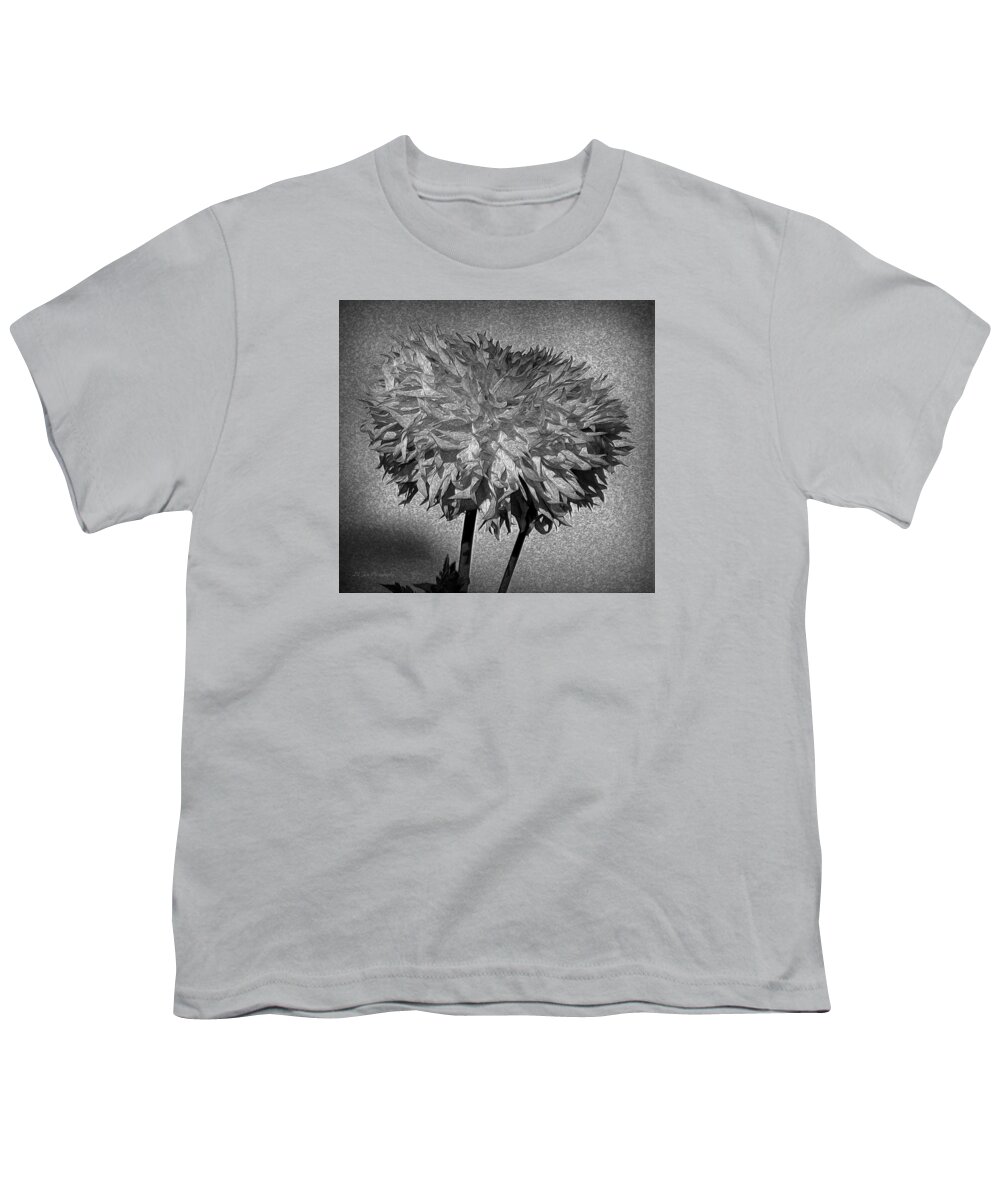  Dahlia Youth T-Shirt featuring the photograph Exotic Dahlia In Black And White by Jeanette C Landstrom