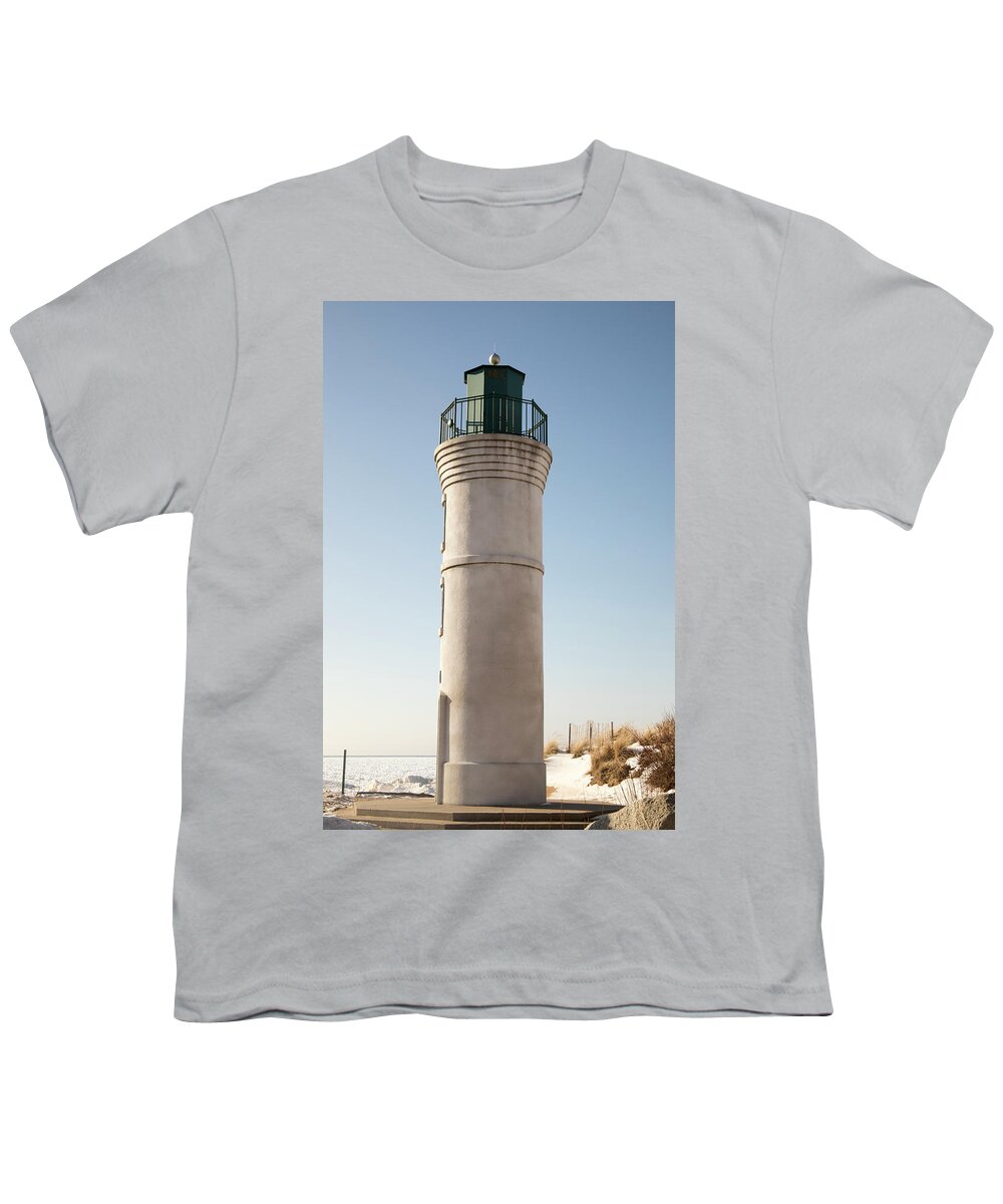 America Youth T-Shirt featuring the photograph Exterior of Robert H Manning Lighthouse, Empire, Michigan in win by Karen Foley
