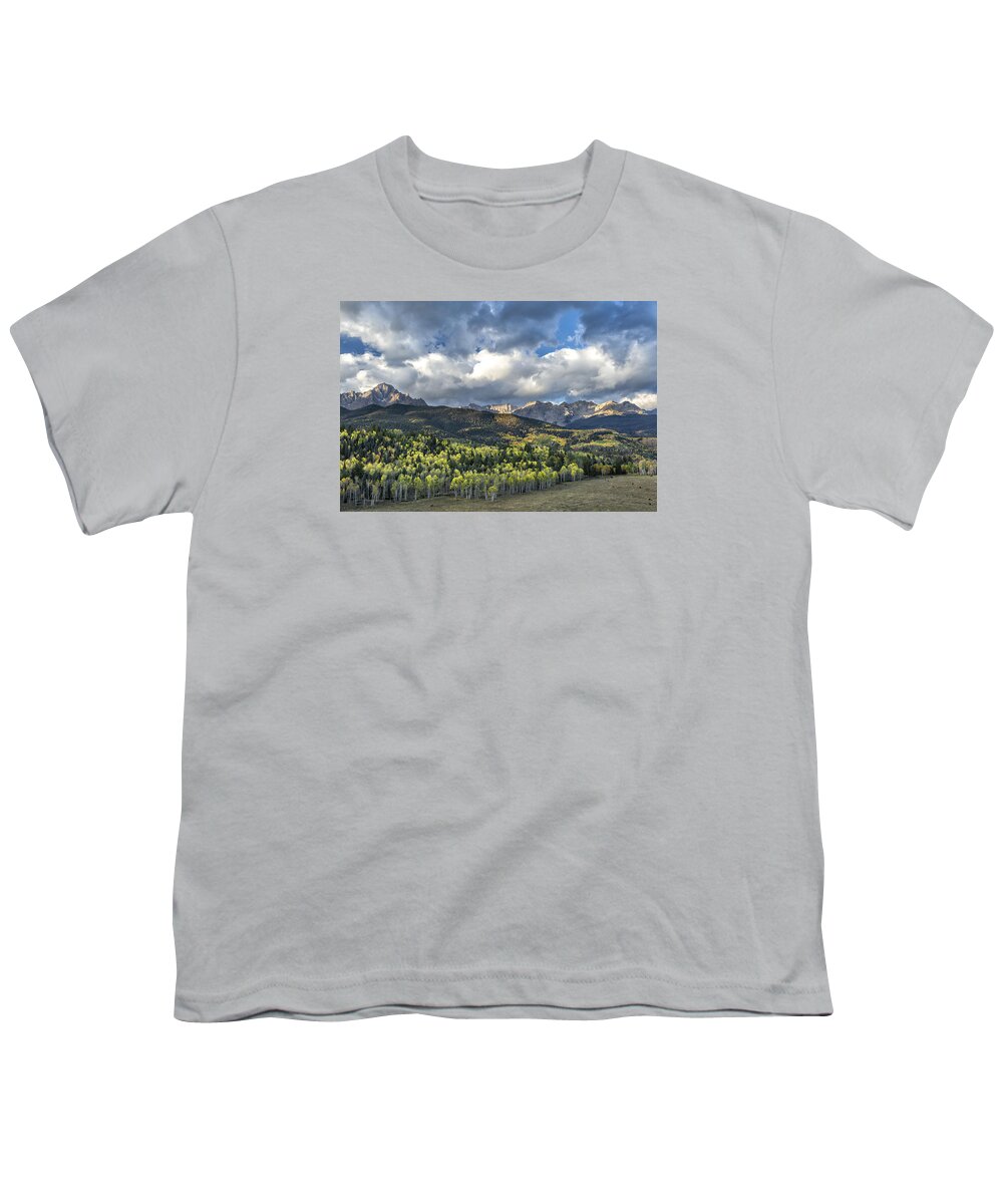 Autumn Youth T-Shirt featuring the photograph First Light on the Sneffels Range by Denise Bush