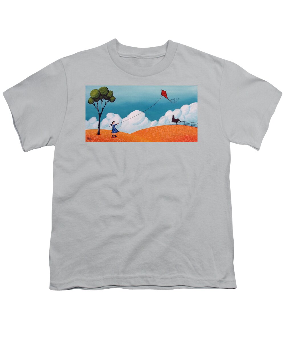 Art Youth T-Shirt featuring the painting Flying With Becky - whimsical landscape by Debbie Criswell