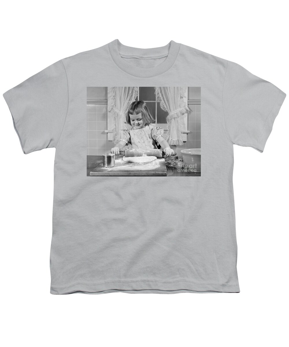 1950s Youth T-Shirt featuring the photograph Girl Rolling Dough And Smiling, C.1950s by H. Armstrong Roberts/ClassicStock