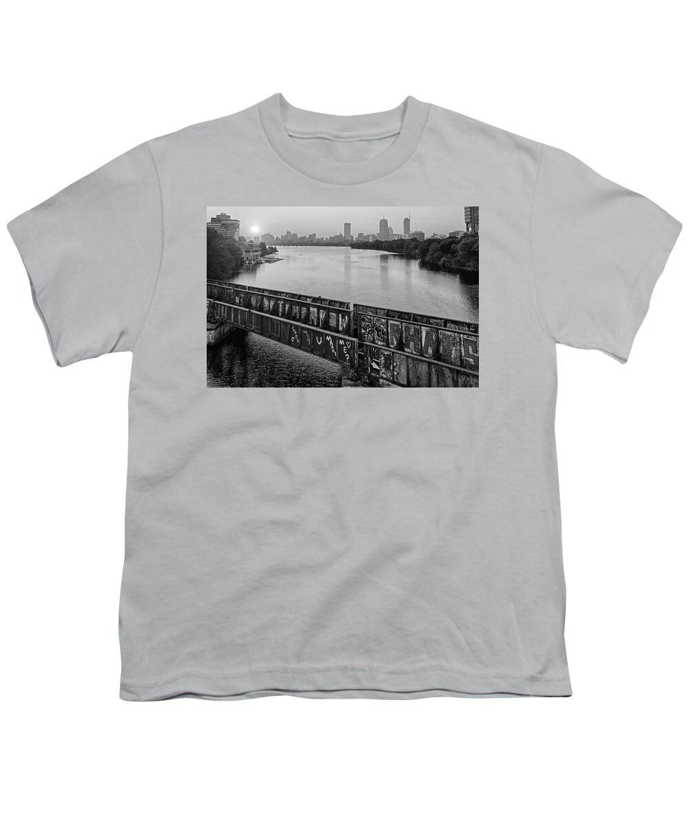 Boston Youth T-Shirt featuring the photograph Golden Sunrise over Boston from the BU Bridge Graffiti Train Tracks Boston MA Black and White by Toby McGuire