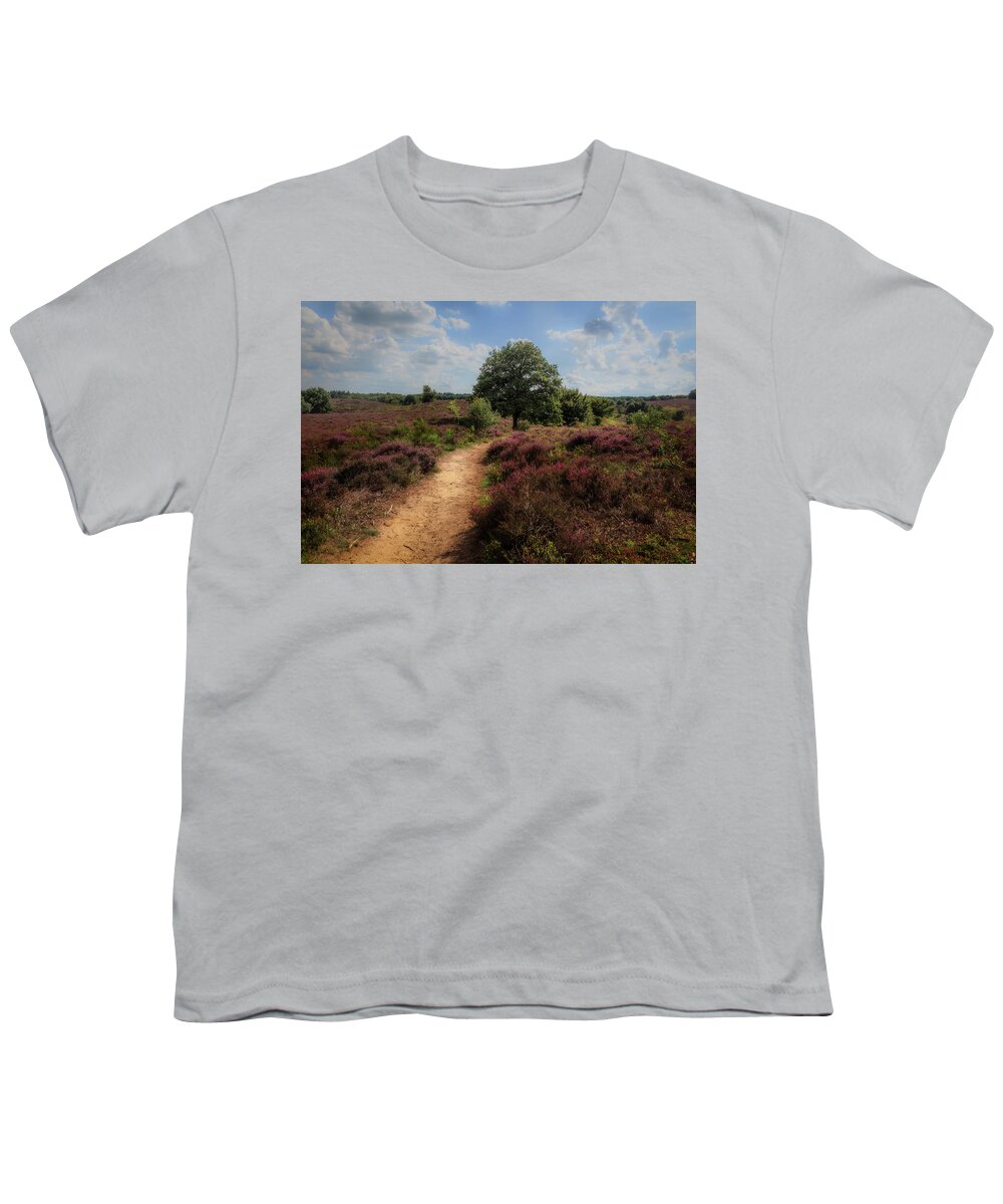 Beautiful Youth T-Shirt featuring the photograph Heath landscape with purple heather flowers by Tim Abeln