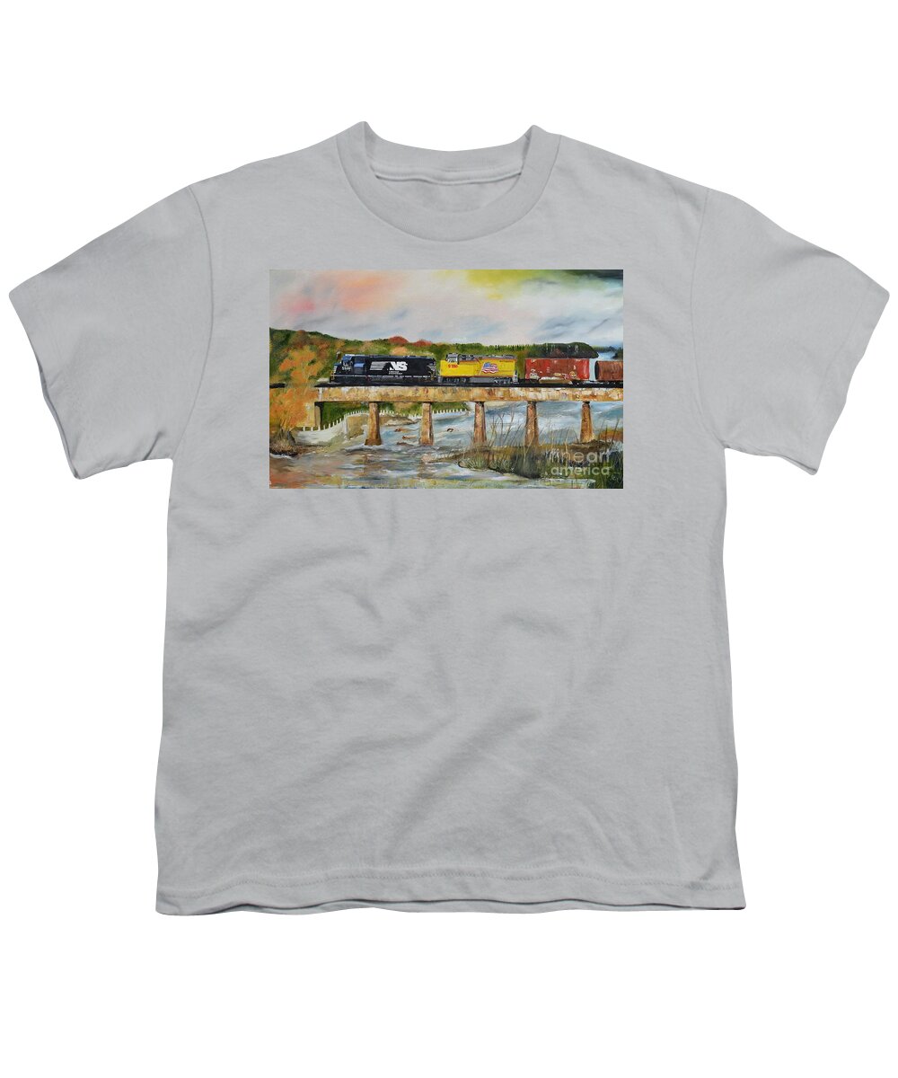 Norfolk Southern Youth T-Shirt featuring the painting Hooch - Chattahoochee River - Columbus GA by Jan Dappen