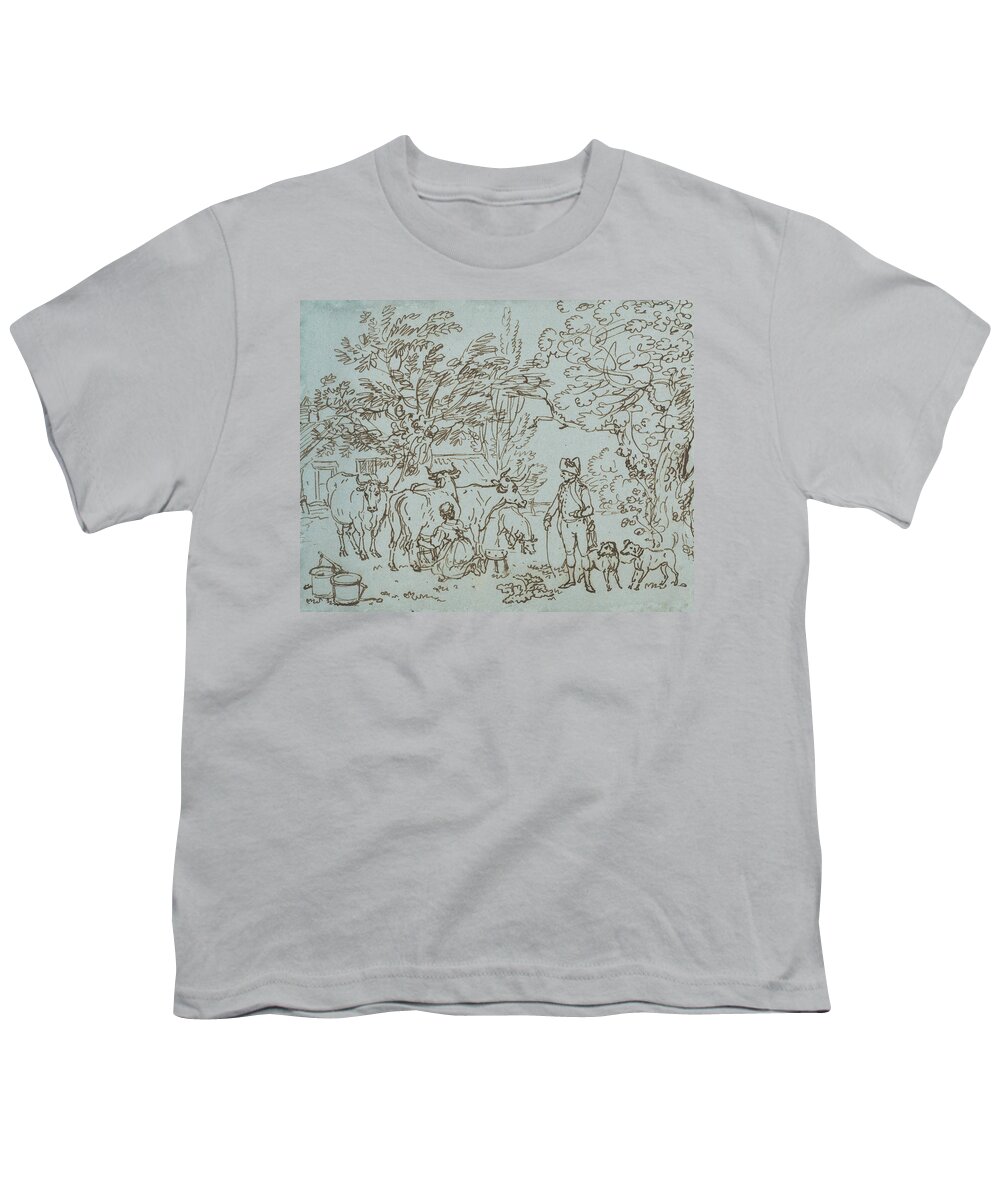 Paul Sandby Youth T-Shirt featuring the drawing Landscape with a Milk Maid and a Beau by Paul Sandby