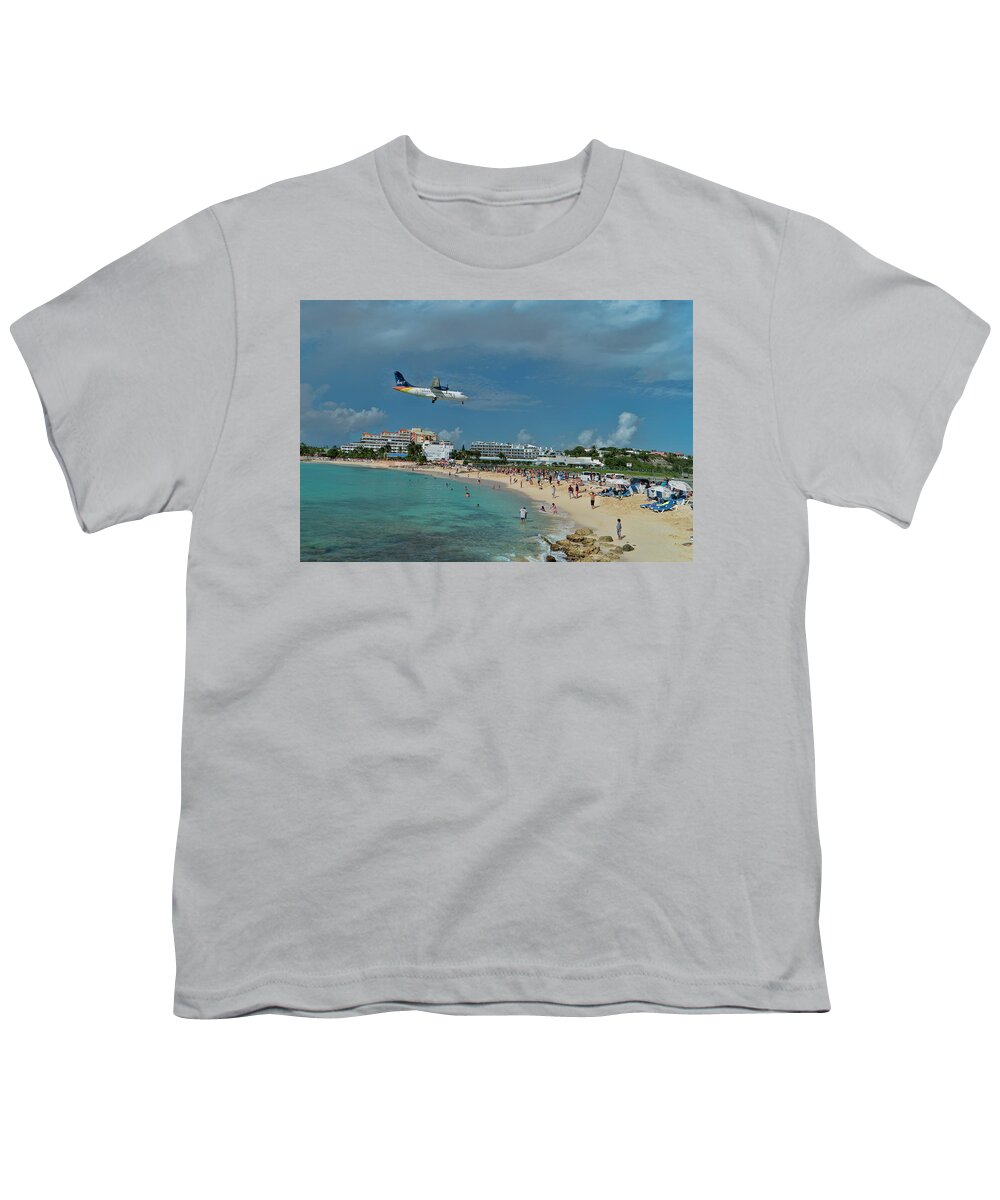 Liat Airlines Youth T-Shirt featuring the photograph LIat landing at SXM by David Gleeson