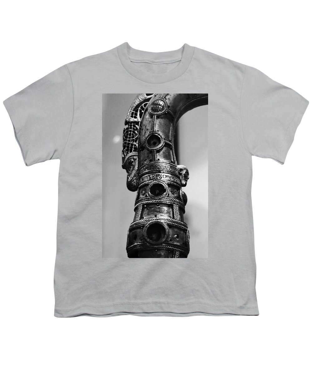 Crozier Youth T-Shirt featuring the photograph Lismore Crozier Macro Irish Artistic Heritage Black and White by Shawn O'Brien