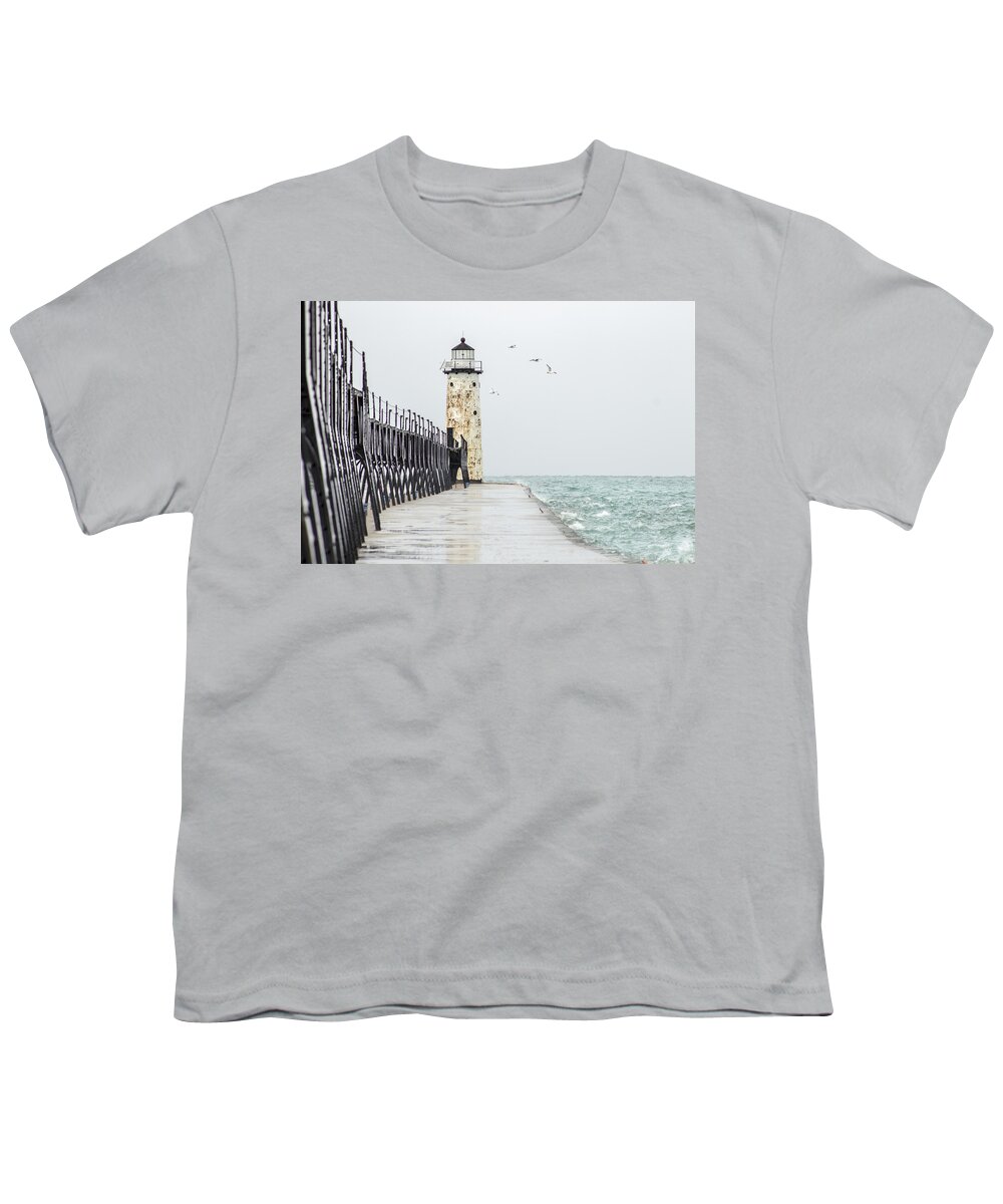Manistee Youth T-Shirt featuring the photograph On The Pier by Tammy Chesney