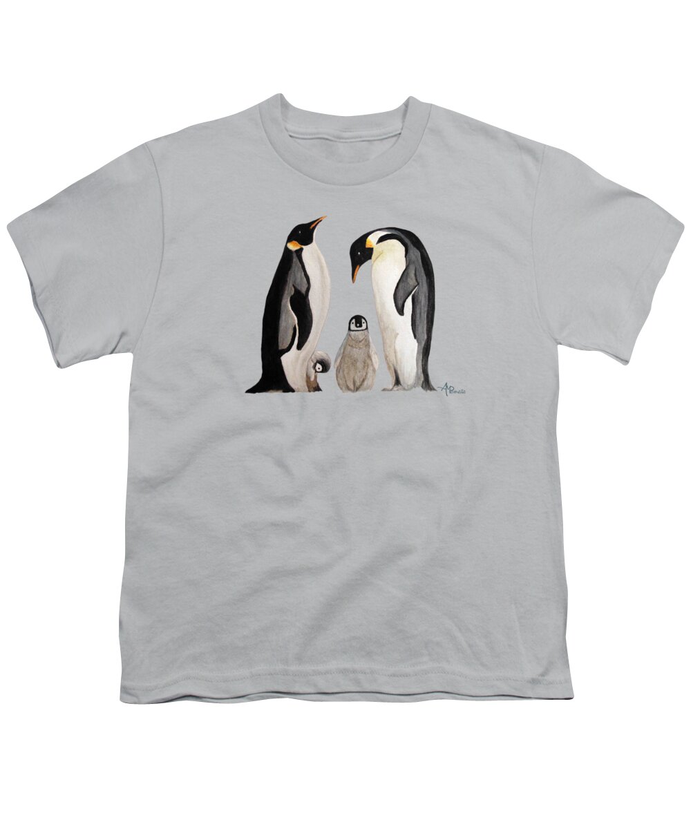 Emperor Penguin Youth T-Shirt featuring the painting Penguin Family Watercolor by Angeles M Pomata