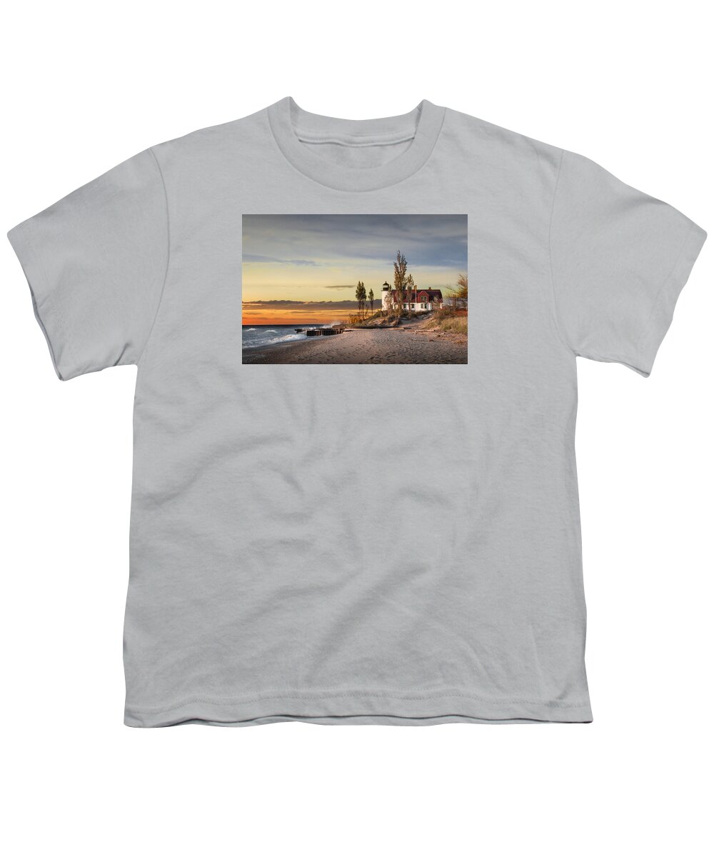 Art Youth T-Shirt featuring the photograph Point Betsie Lighthouse at Sunset on Lake Michigan by Randall Nyhof