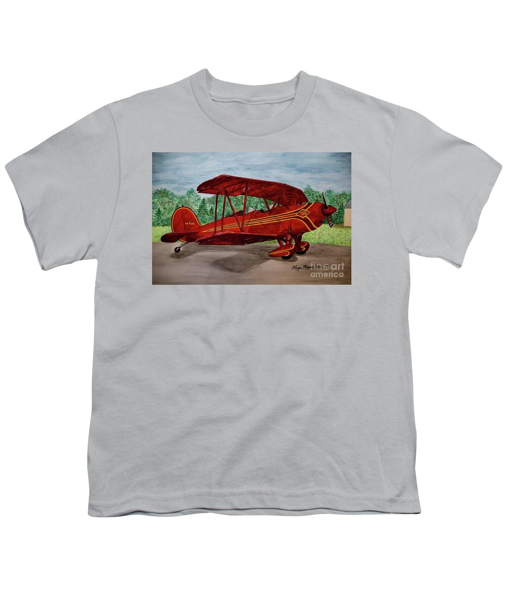 Biplane Youth T-Shirt featuring the painting Red Biplane by Megan Cohen