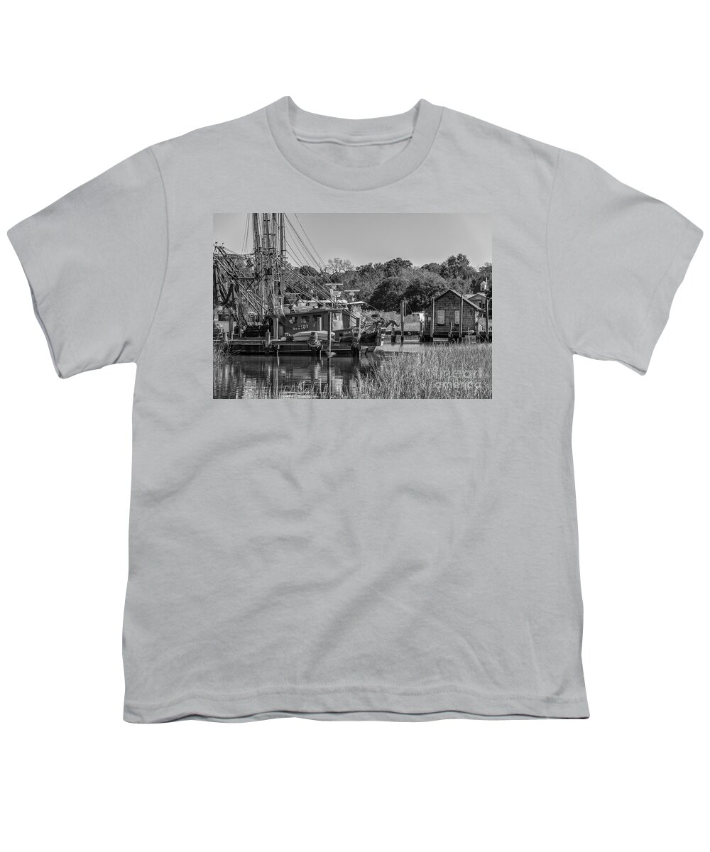 Shem Creek Youth T-Shirt featuring the photograph Shem Creek Black and White by Dale Powell