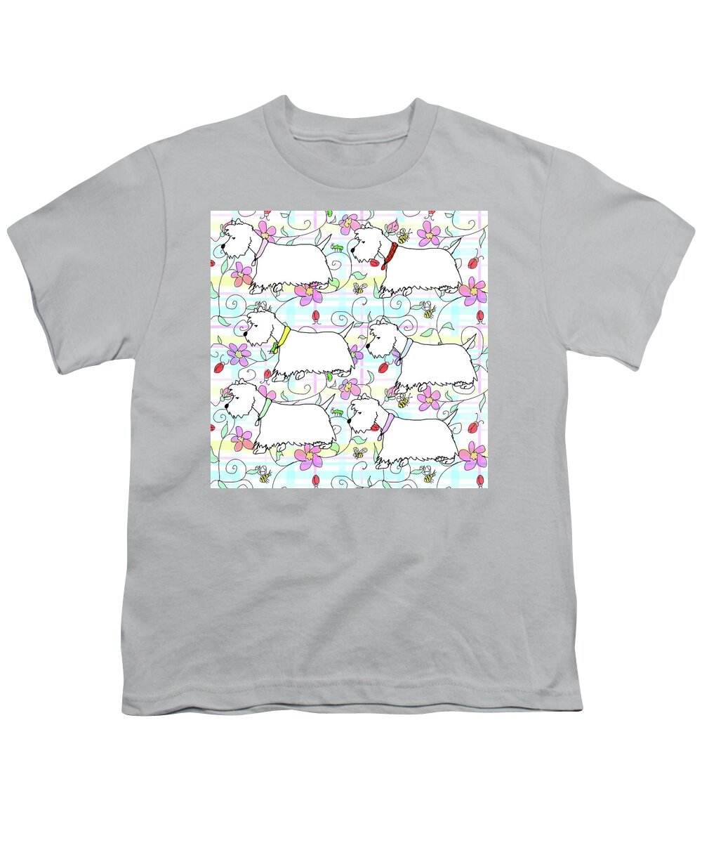 Dog Youth T-Shirt featuring the digital art Six Westies in a spring plaid by Debra Baldwin