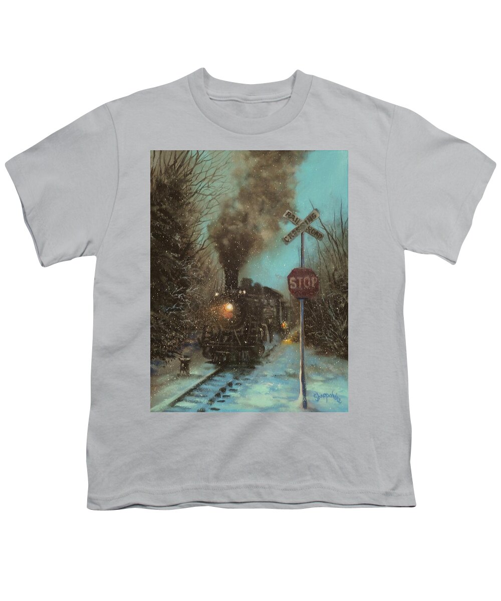 Steam Engine Youth T-Shirt featuring the painting Snow and Steam by Tom Shropshire