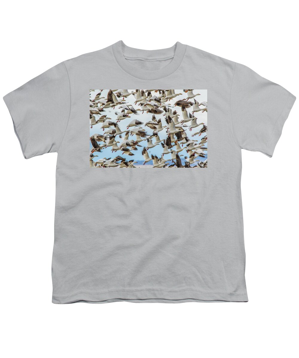 California Youth T-Shirt featuring the photograph Snow Geese Take Off by Marc Crumpler