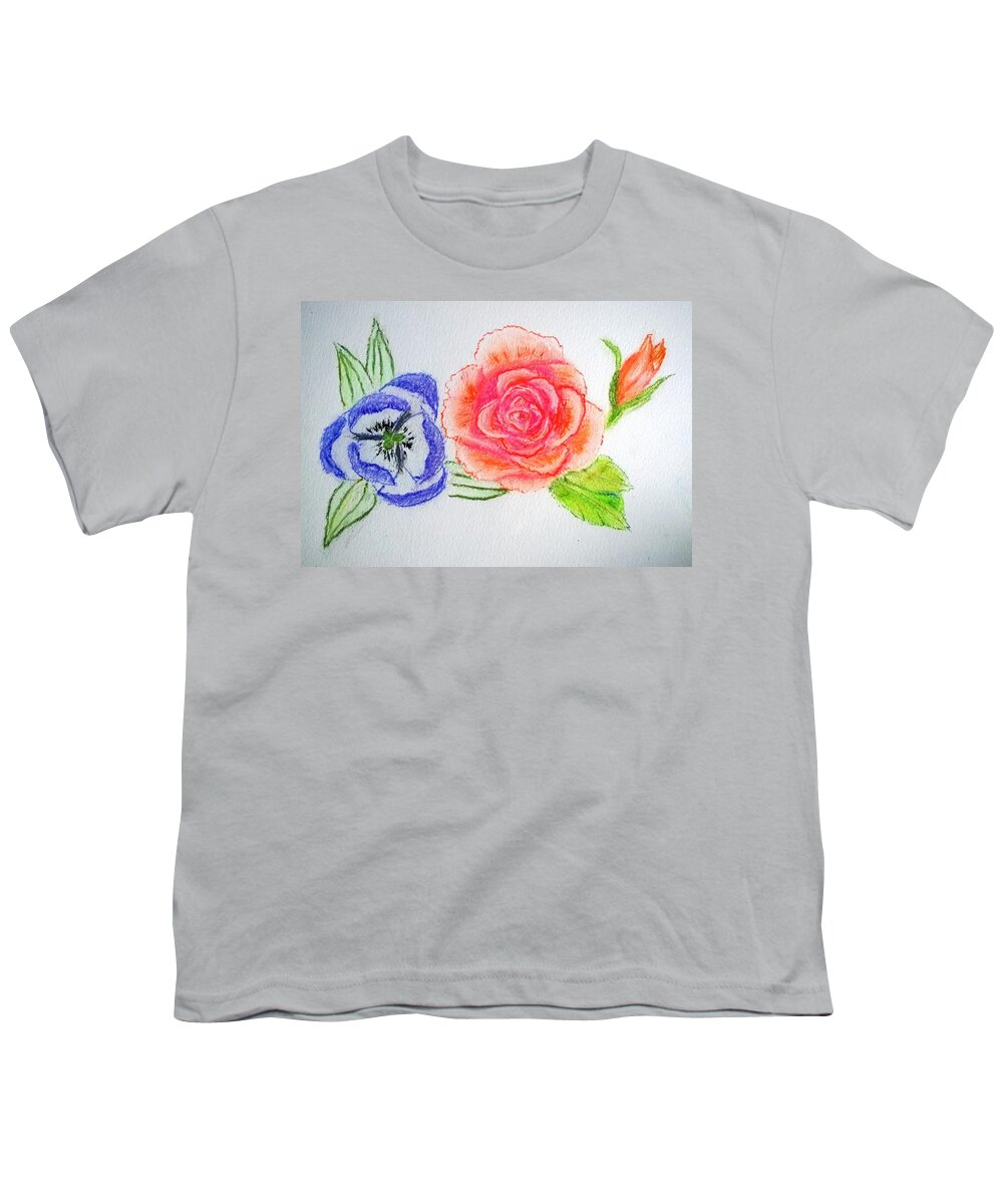 Sorrow Youth T-Shirt featuring the drawing Sorrow Orange Rose with Blue Tulip by Delynn Addams