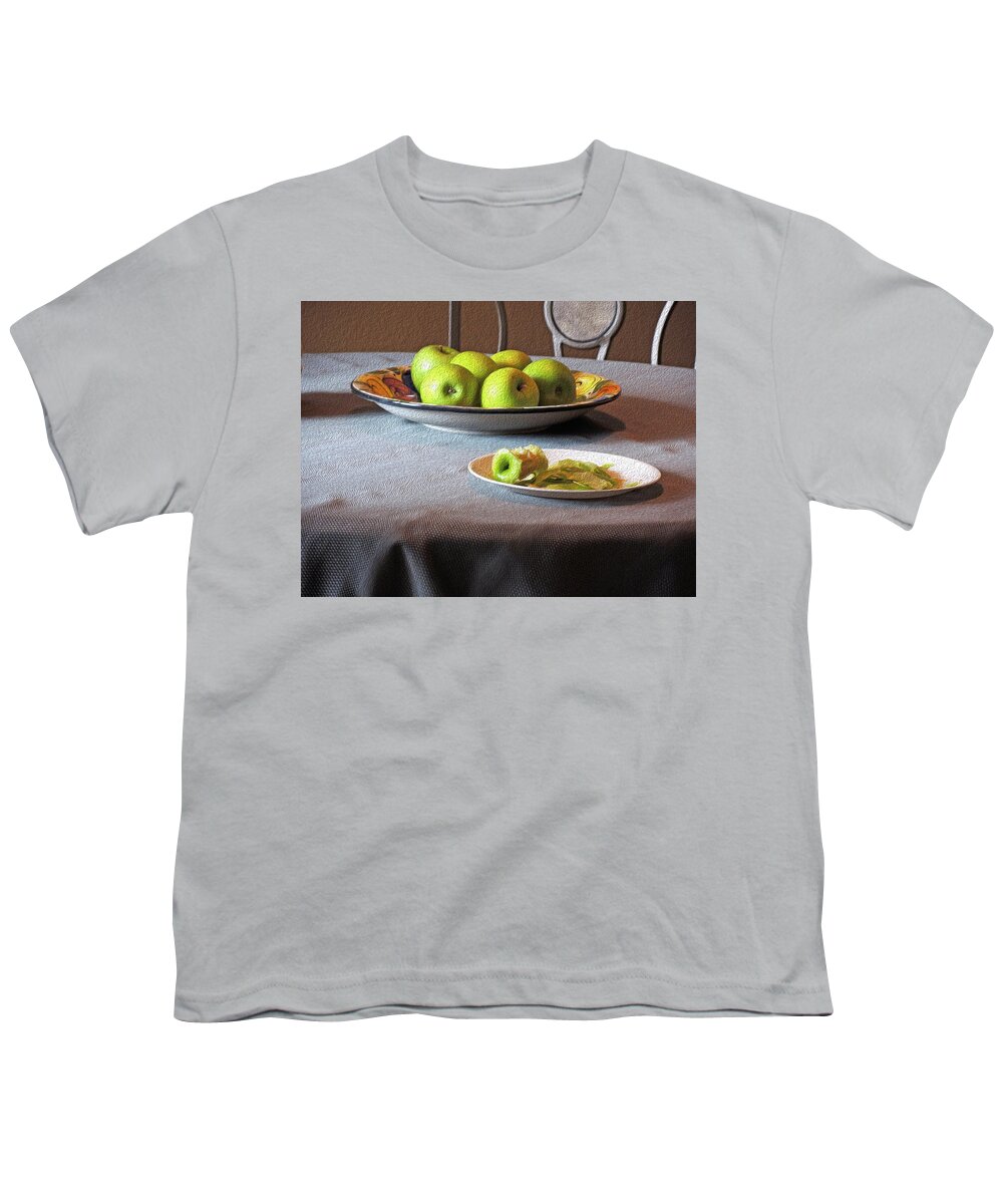 Food Youth T-Shirt featuring the mixed media Still Life with Apples and Chair by Lynda Lehmann