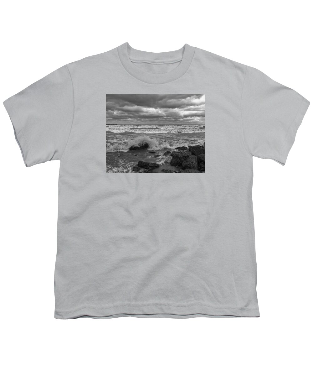 Bw Youth T-Shirt featuring the photograph Stormy Day - Lake Eire Shore by Jack R Perry