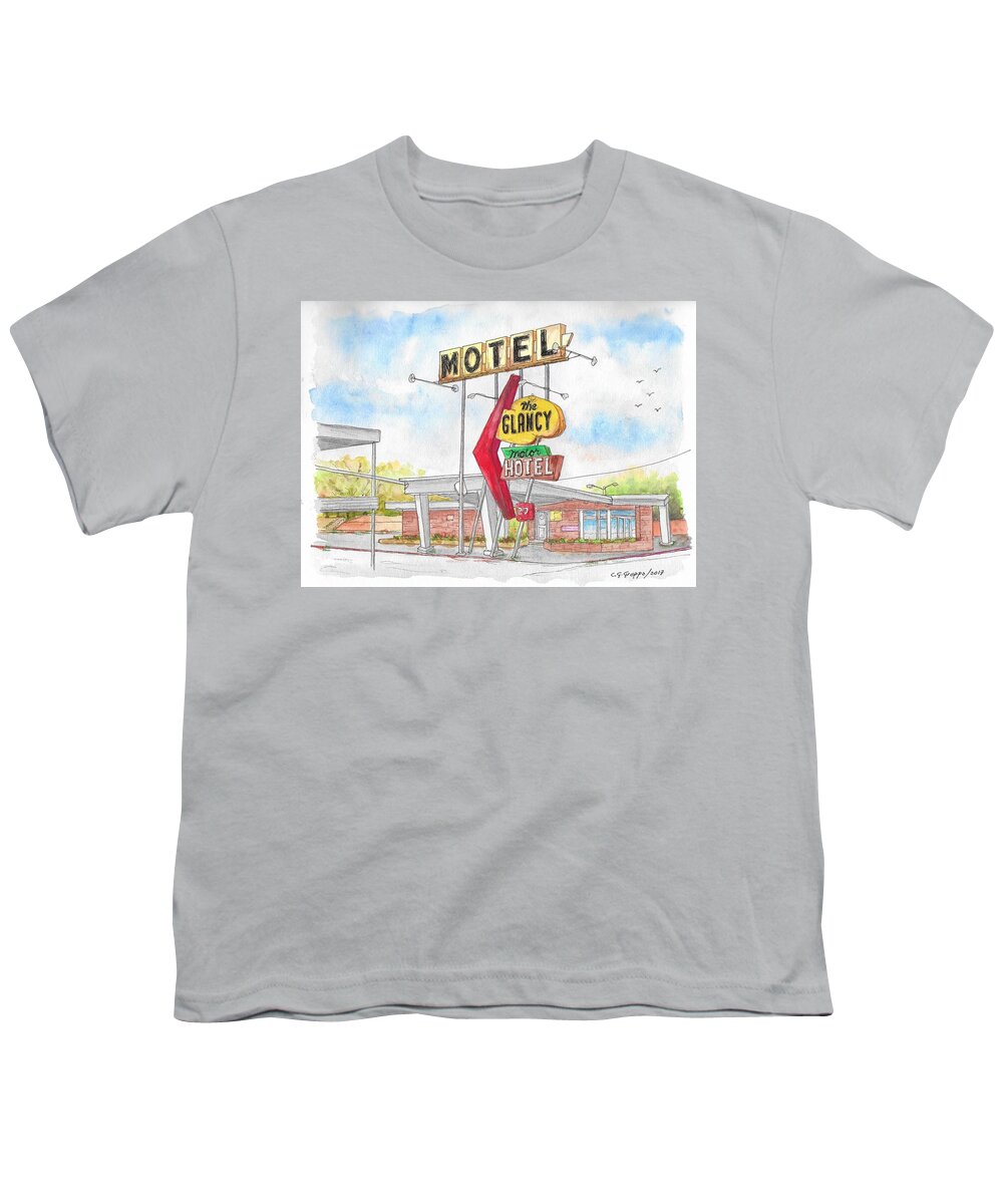 The Glancy Motor Hotel Youth T-Shirt featuring the painting The Glancy Motor Hotel, Cinton, Oklahoma by Carlos G Groppa