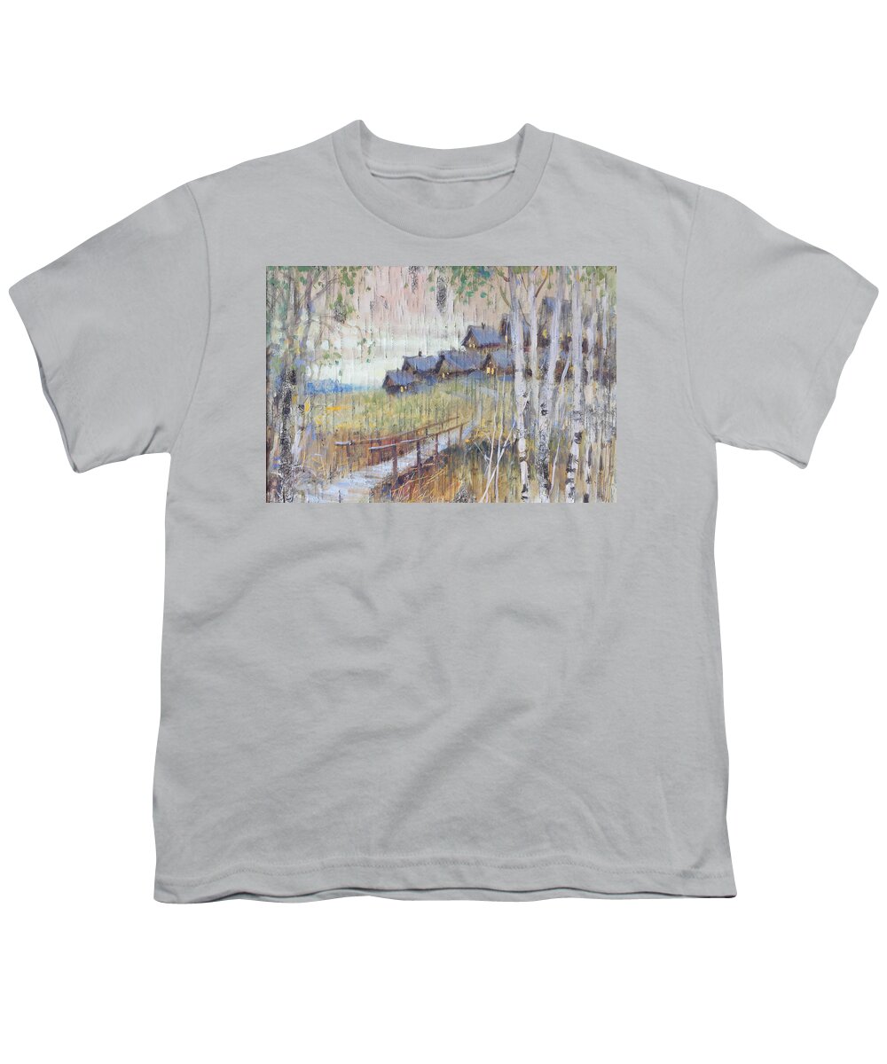 Russia Youth T-Shirt featuring the painting Village at the Edge of Woods by Ilya Kondrashov