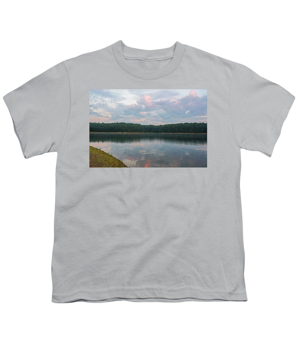 Walden Youth T-Shirt featuring the photograph Walden Pond Morning Light Concord MA Red Clouds by Toby McGuire