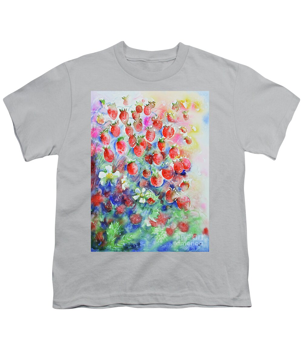 Red Youth T-Shirt featuring the painting Wild Strawberries by Zaira Dzhaubaeva